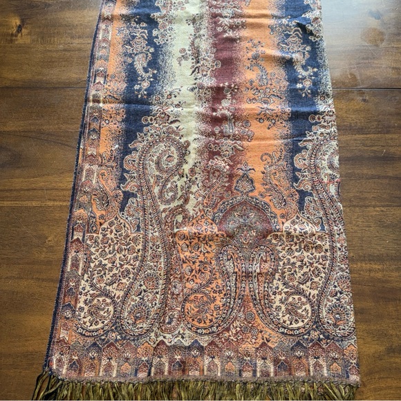 Klaus Duffy Pashmina Scarf Brown Earth Tone Floral Fringe 100% Wool 40" x 82" - Picture 2 of 10